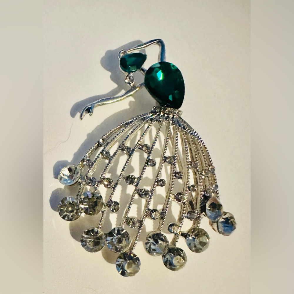 Elegant Silver Tone  and Green Rhinestone Ballerina Brooch